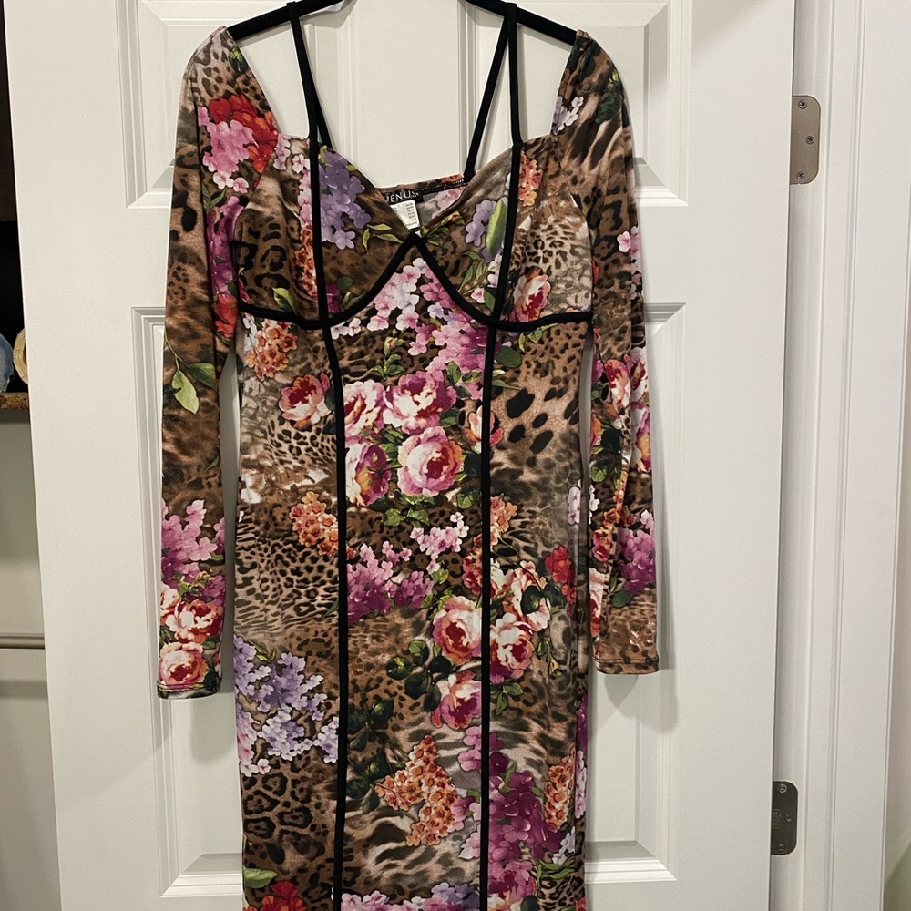 Floral & Cheetah print Cold Shoulder Dress